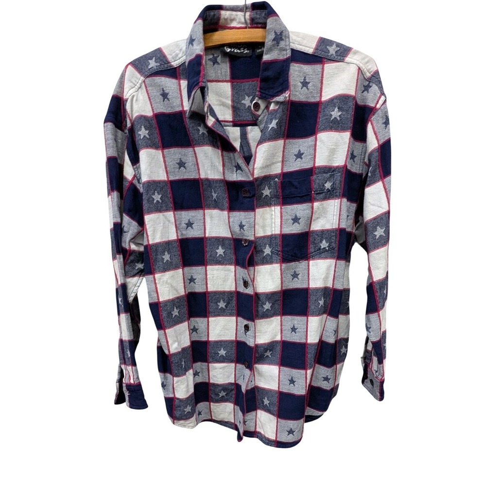 Vintage Women's Americana Red White Blue Star Checkered Button Down Shirt- M